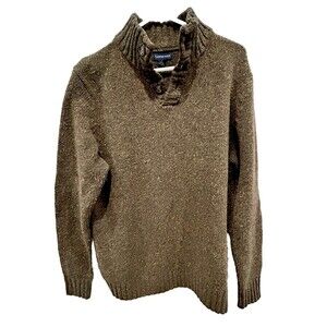 Lands' End Men's Green Sweater Elbow Patches LambsWool Knit Pullover Large 42-44